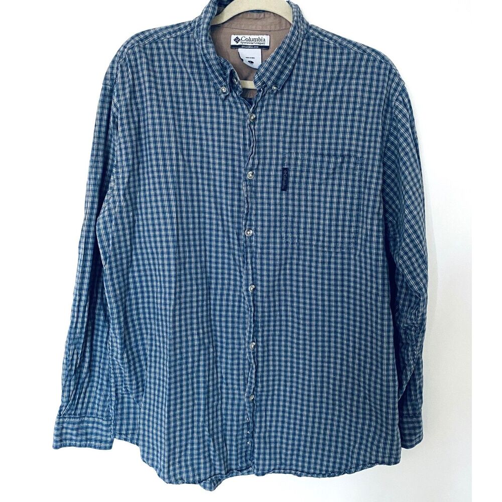 Columbia Blue Chequered Button Down Cotton Long Sleeve Mens Shirt Sz L (flaw)